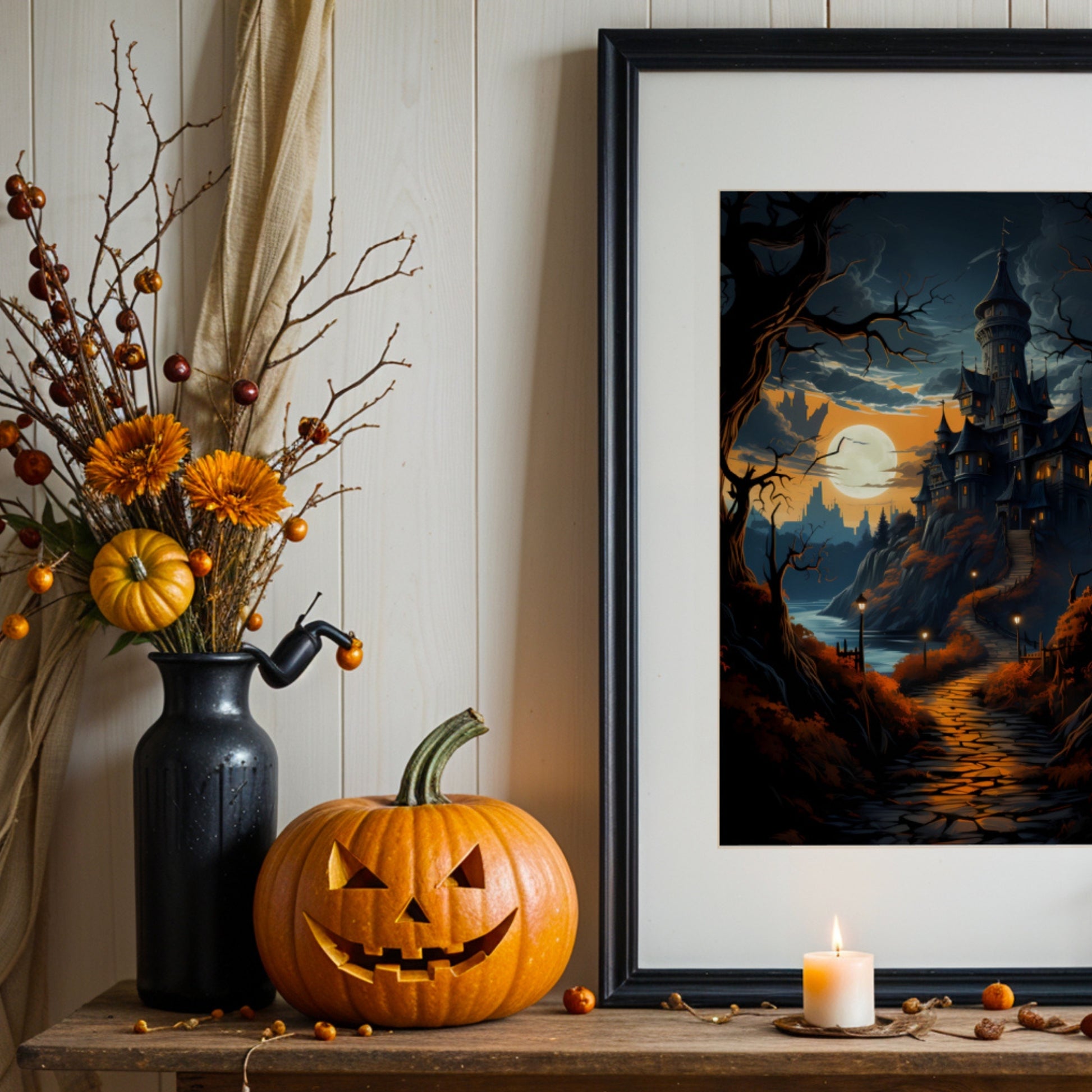 Creepy plakat med motiv av Halloween slott ved fullmåne. Illustrasjon viser plakat med passepartout i sort ramme.