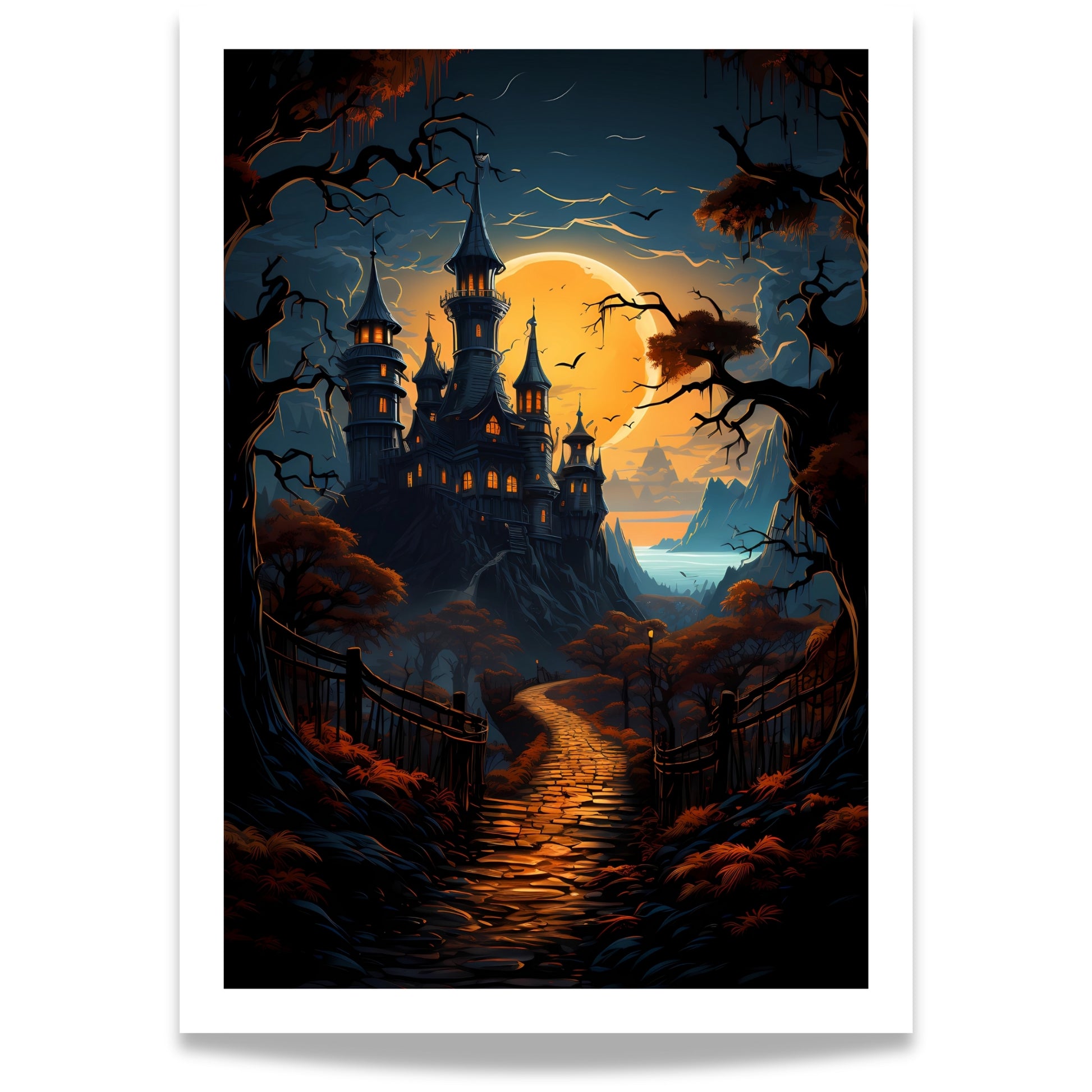 Creepy plakat med motiv av Halloween slott ved fullmåne. 