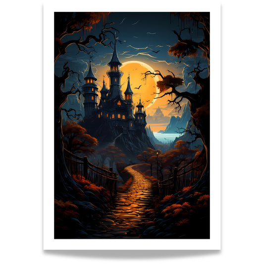 Creepy plakat med motiv av Halloween slott ved fullmåne. 