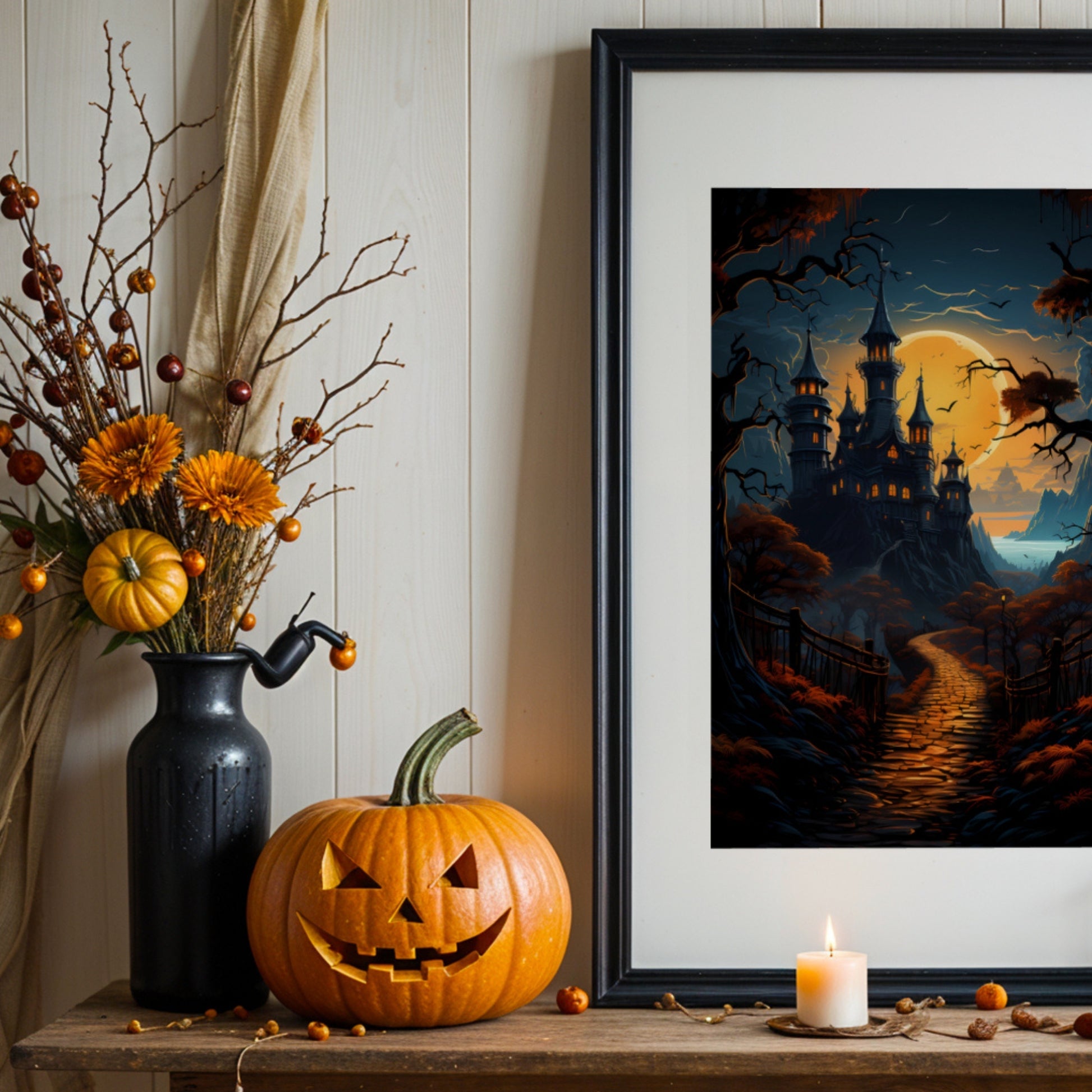Creepy plakat med motiv av Halloween slott ved fullmåne. Illustrasjon viser plakat i sort ramme og passepartout.