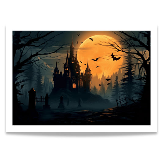 Creepy plakat med motiv av Halloween slott ved fullmåne. Motivet viser nattmørke og lys i vinduene.