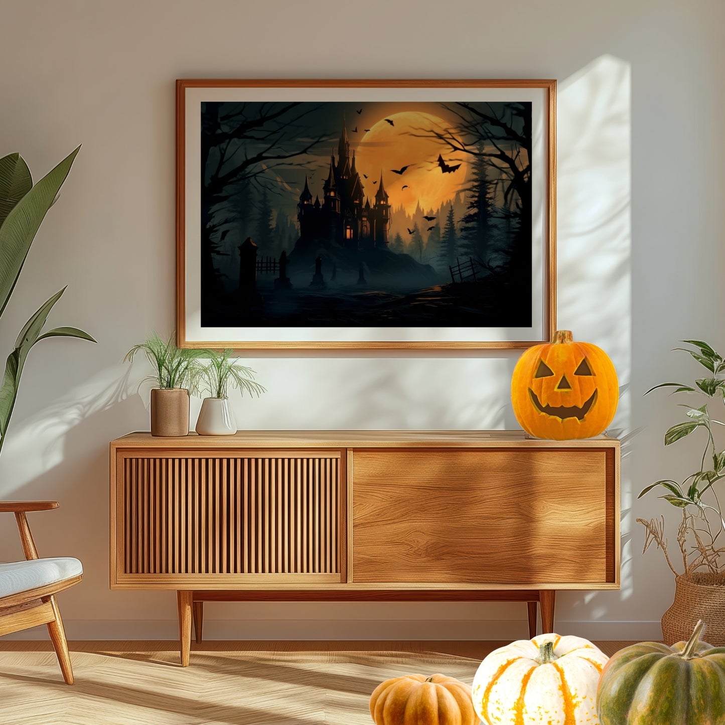 Creepy plakat med motiv av Halloween slott ved fullmåne. Motivet viser nattmørke og lys i vinduene. Illustrasjon viser plakten i eik ramme.