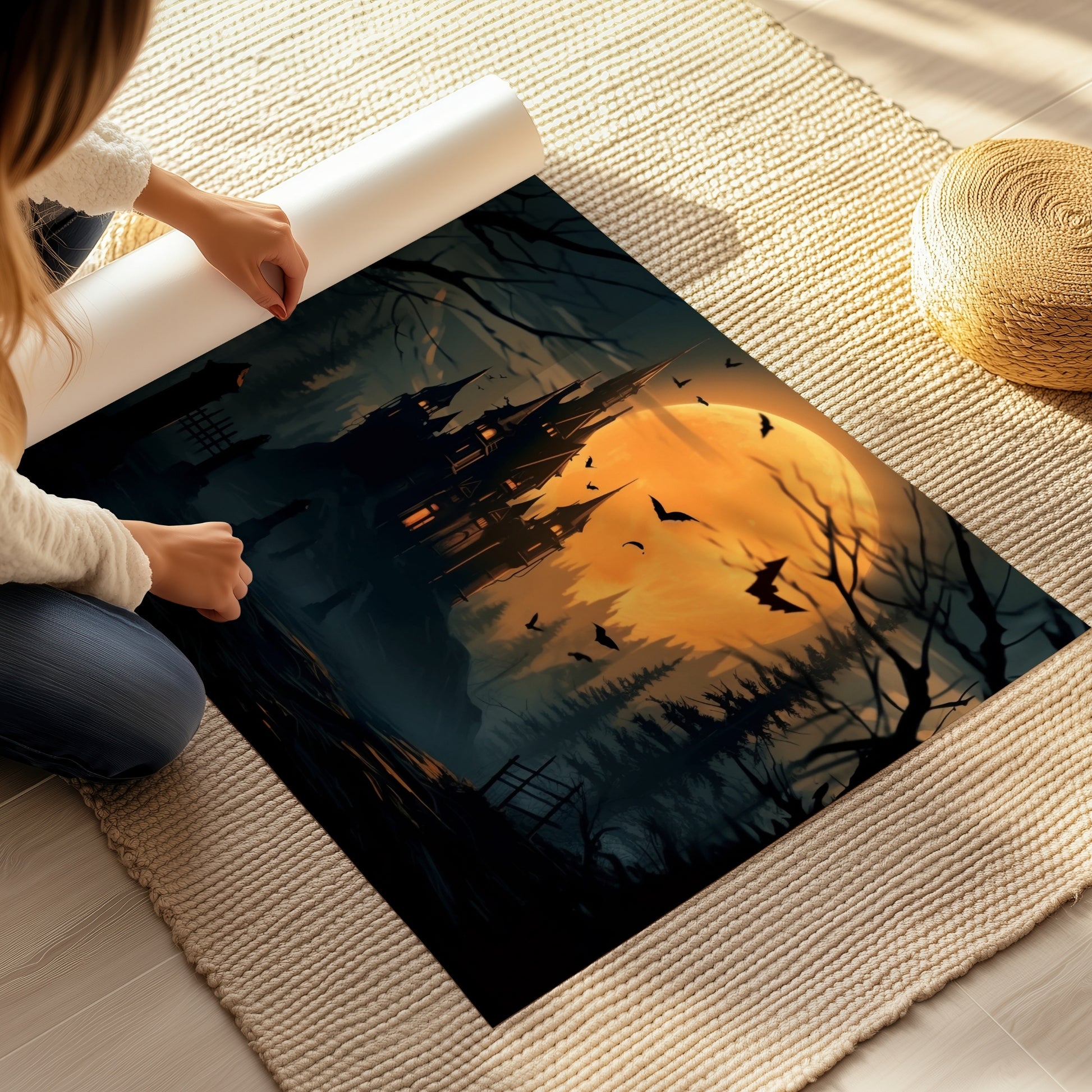 Creepy plakat med motiv av Halloween slott ved fullmåne. Motivet viser nattmørke og lys i vinduene. Illustrasjon viser plakten på print.