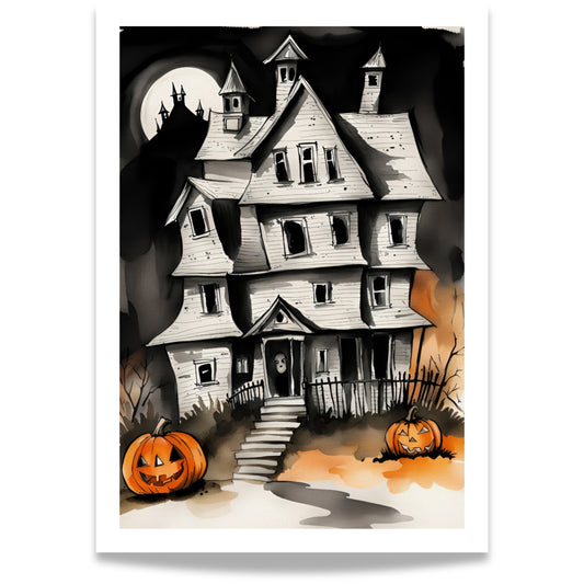 Legg til en dose grøss og spenning i din Halloween-dekorasjon med Haunted Mansion, en Halloween-plakat som fremhever et skremmende, gammelt herskapshus omgitt av Jack-O'-Lanterns og en mystisk måneskinnsnatt