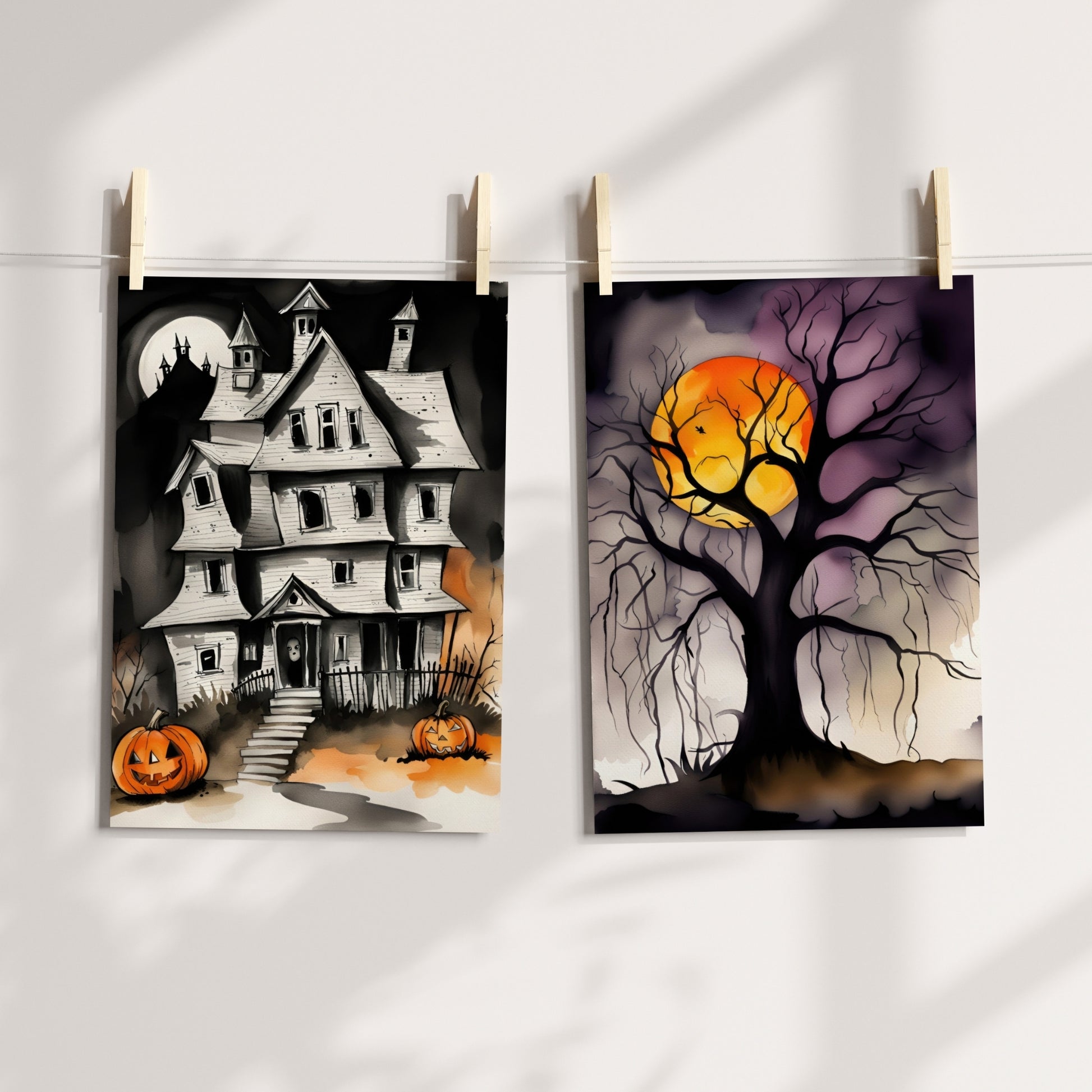 Legg til en dose grøss og spenning i din Halloween-dekorasjon med Haunted Mansion, en Halloween-plakat som fremhever et skremmende, gammelt herskapshus omgitt av Jack-O'-Lanterns og en mystisk måneskinnsnatt. illustrasjon viser plakat på print hengt opp med klyper på en snor.