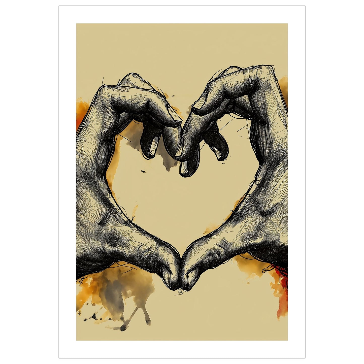Plakat illustrasjon, skapt med kulltegning av to hender som danner en hjerteform, formidler dypet av ekte kjærlighet og omsorg.