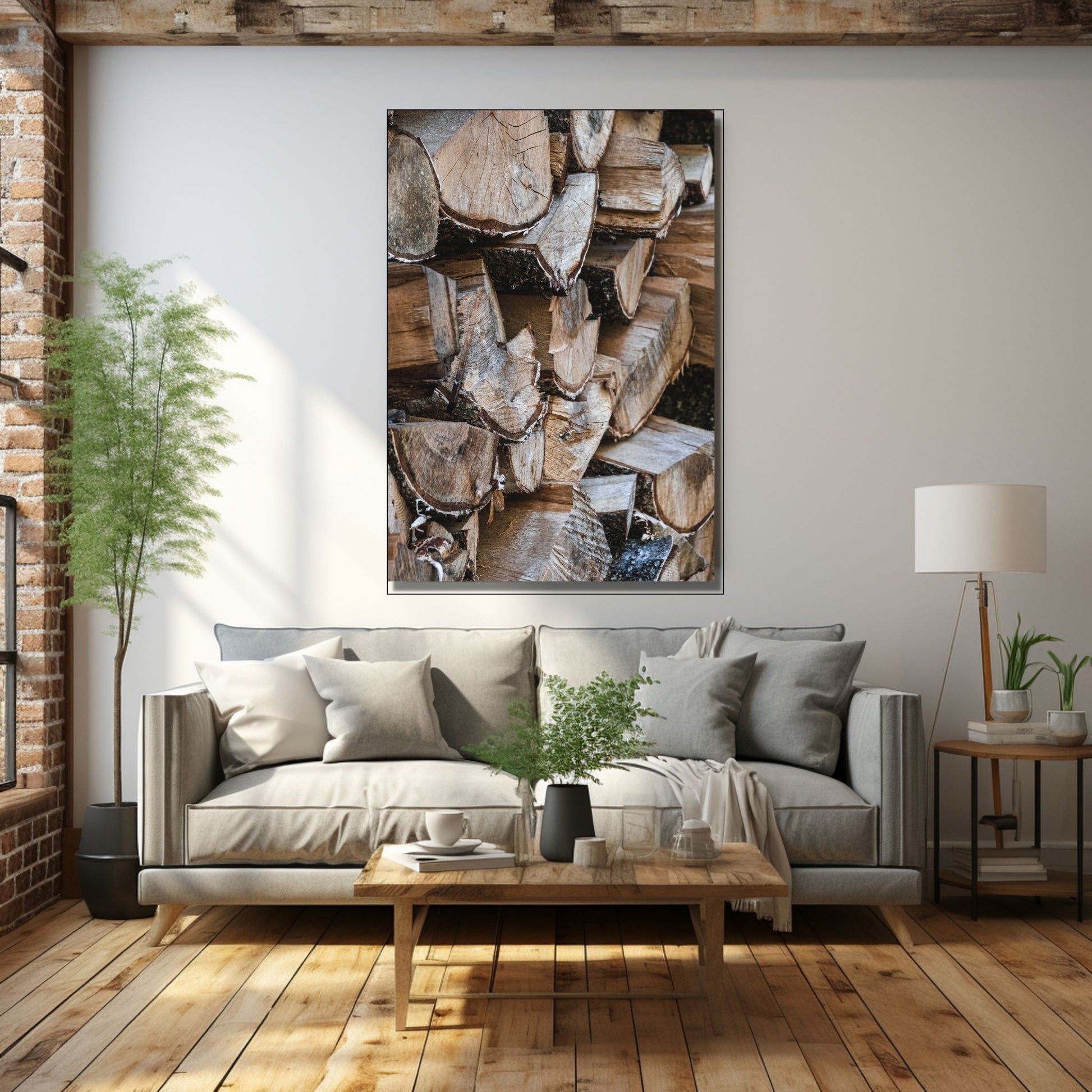En rustikk vedstabel liver opp i hjemmet ditt.  Illustrasjon viser bildet henger som lerret på en vegg  over en sofa.