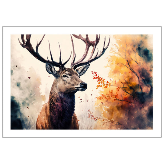Grafisk akvarell av en majestetisk hjort, komplett med et imponerende gevir, omgitt av varme og fargerike høstlige omgivelser.