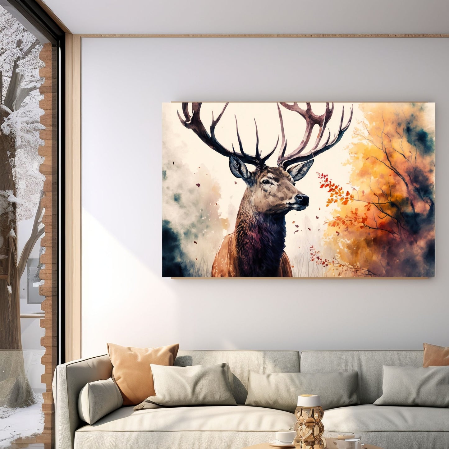 Grafisk akvarell av en majestetisk hjort, komplett med et imponerende gevir, omgitt av varme og fargerike høstlige omgivelser. Illustrasjon som viser motivet på lerret som henger på en vegg over en sofa