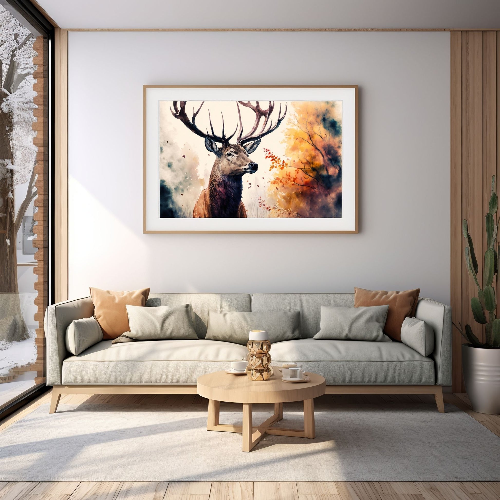 Grafisk akvarell av en majestetisk hjort, komplett med et imponerende gevir, omgitt av varme og fargerike høstlige omgivelser. Illustrasjon som viser motivet som plakat på en vegg over en sofa.