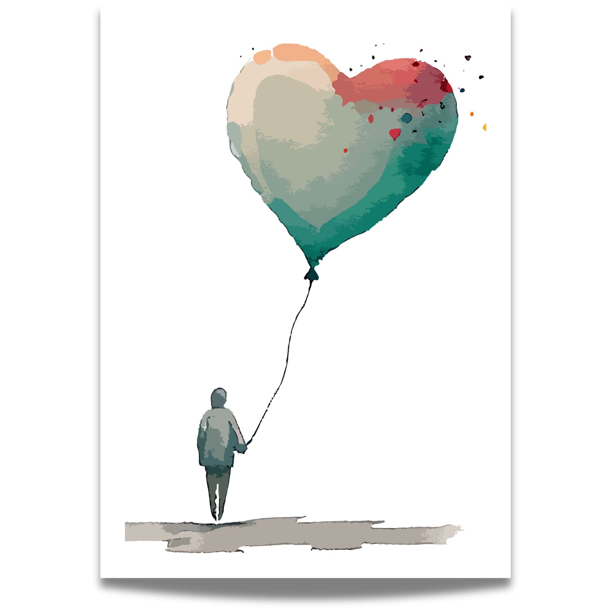  Denne stilrene plakaten viser en enslig figur som holder en hjerteformet ballong, malt i dempede akvarelltoner med abstrakt preg. 