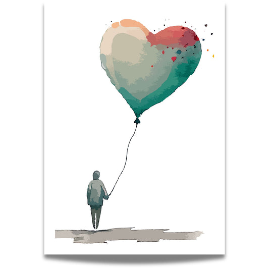  Denne stilrene plakaten viser en enslig figur som holder en hjerteformet ballong, malt i dempede akvarelltoner med abstrakt preg. 