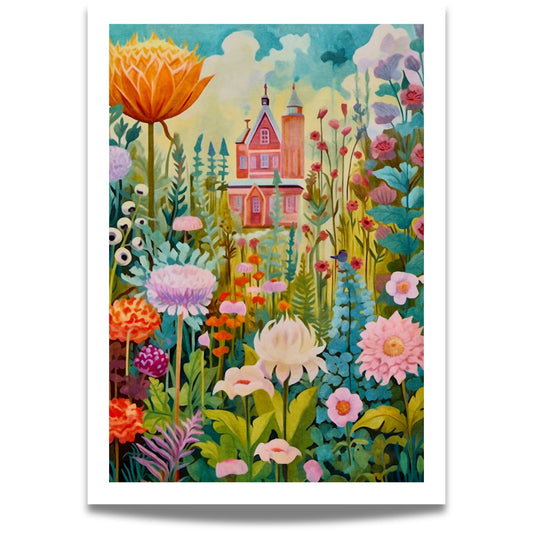En varm og romantisk plakat med et rosa hus omringet av fargerike blomster i morgensolens glød. Perfekt for å skape en fredelig, optimistisk stemning i rommet.