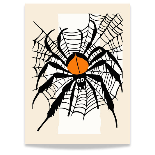 Halloween Edderkopp Plakat! Denne stilige plakaten viser en stor edderkopp med et iøynefallende oransje merke på ryggen, sittende i et forseggjort spindelvev.