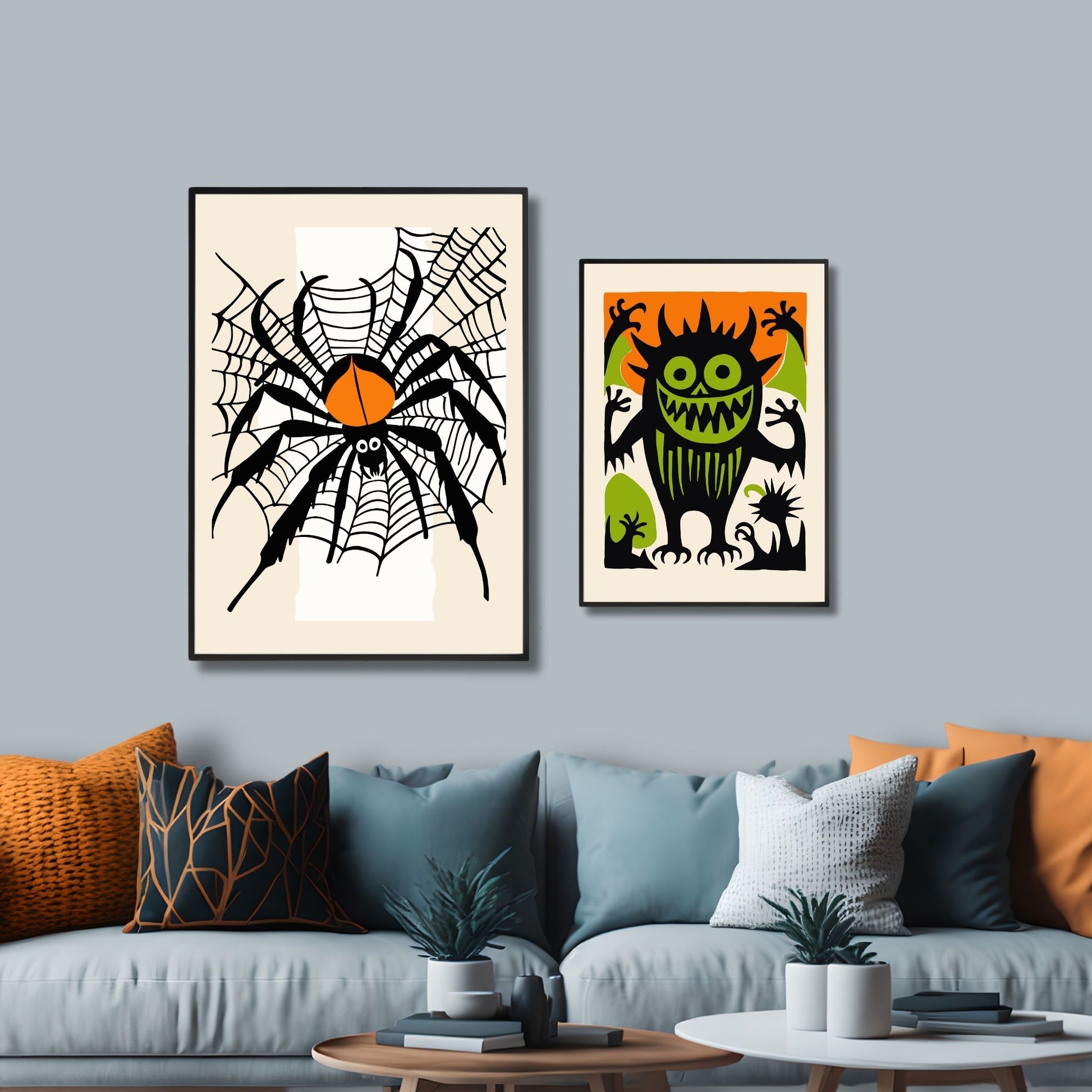 Halloween Edderkopp Plakat! Denne stilige plakaten viser en stor edderkopp med et iøynefallende oransje merke på ryggen, sittende i et forseggjort spindelvev. Illustrasjonsfoto viser plakat i sort ramme.