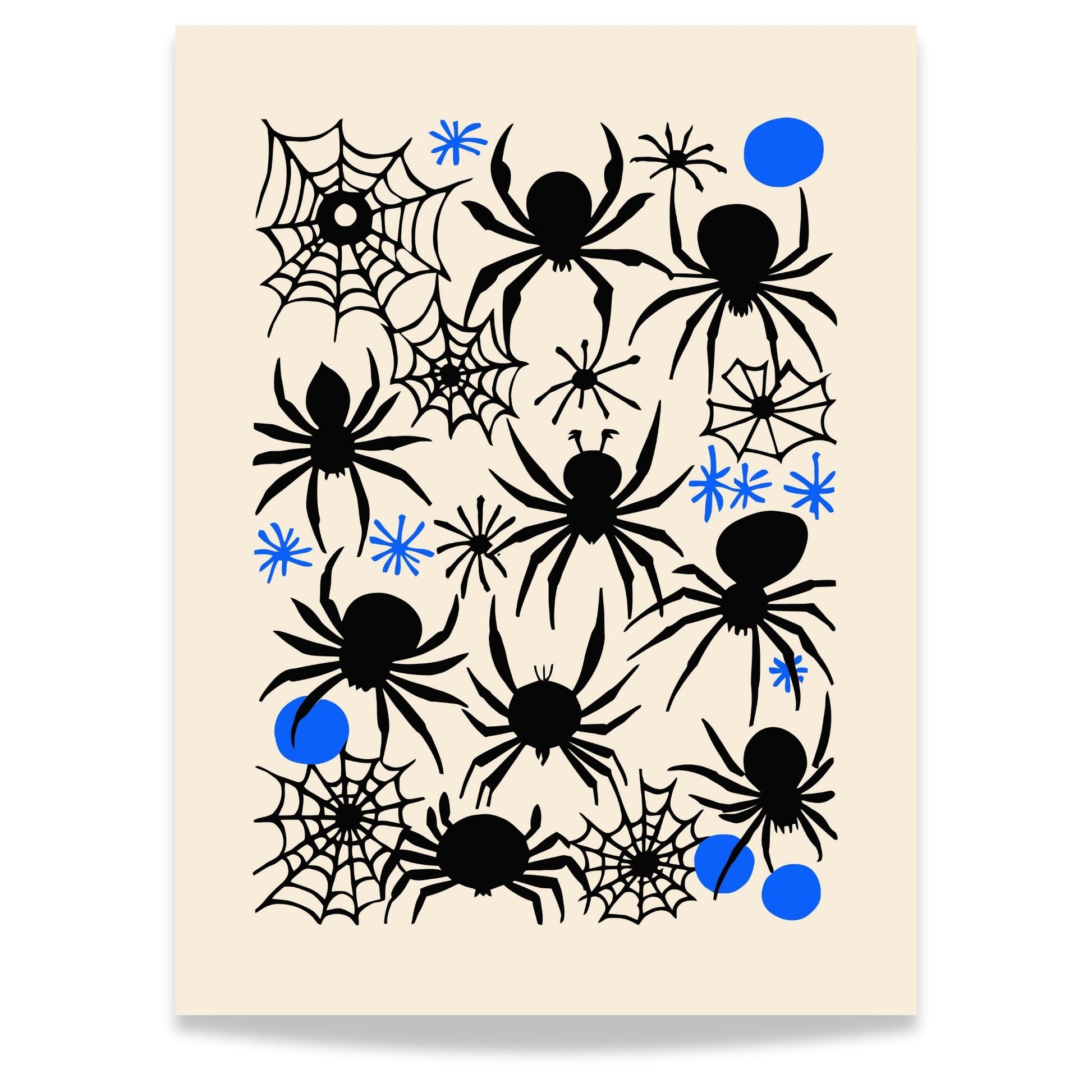 Halloween Edderkoppplakat! Dette stilige og skumle designet inneholder en rekke svarte edderkopper og detaljerte edderkoppnett som setter den perfekte stemningen for enhver Halloween-fest.