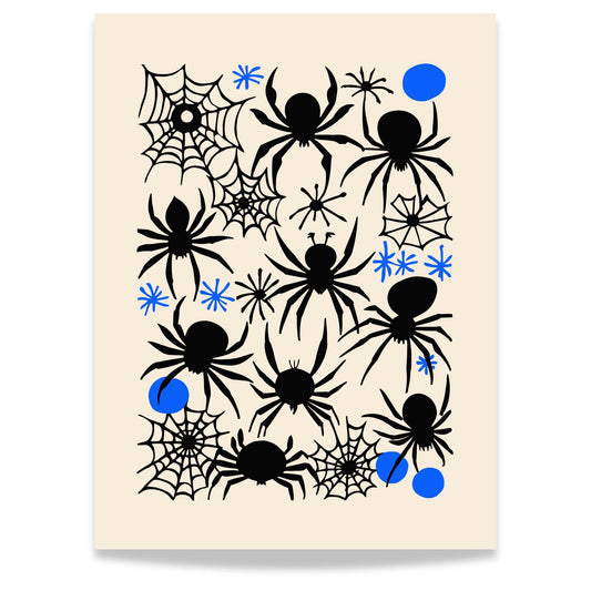 Halloween Edderkoppplakat! Dette stilige og skumle designet inneholder en rekke svarte edderkopper og detaljerte edderkoppnett som setter den perfekte stemningen for enhver Halloween-fest.