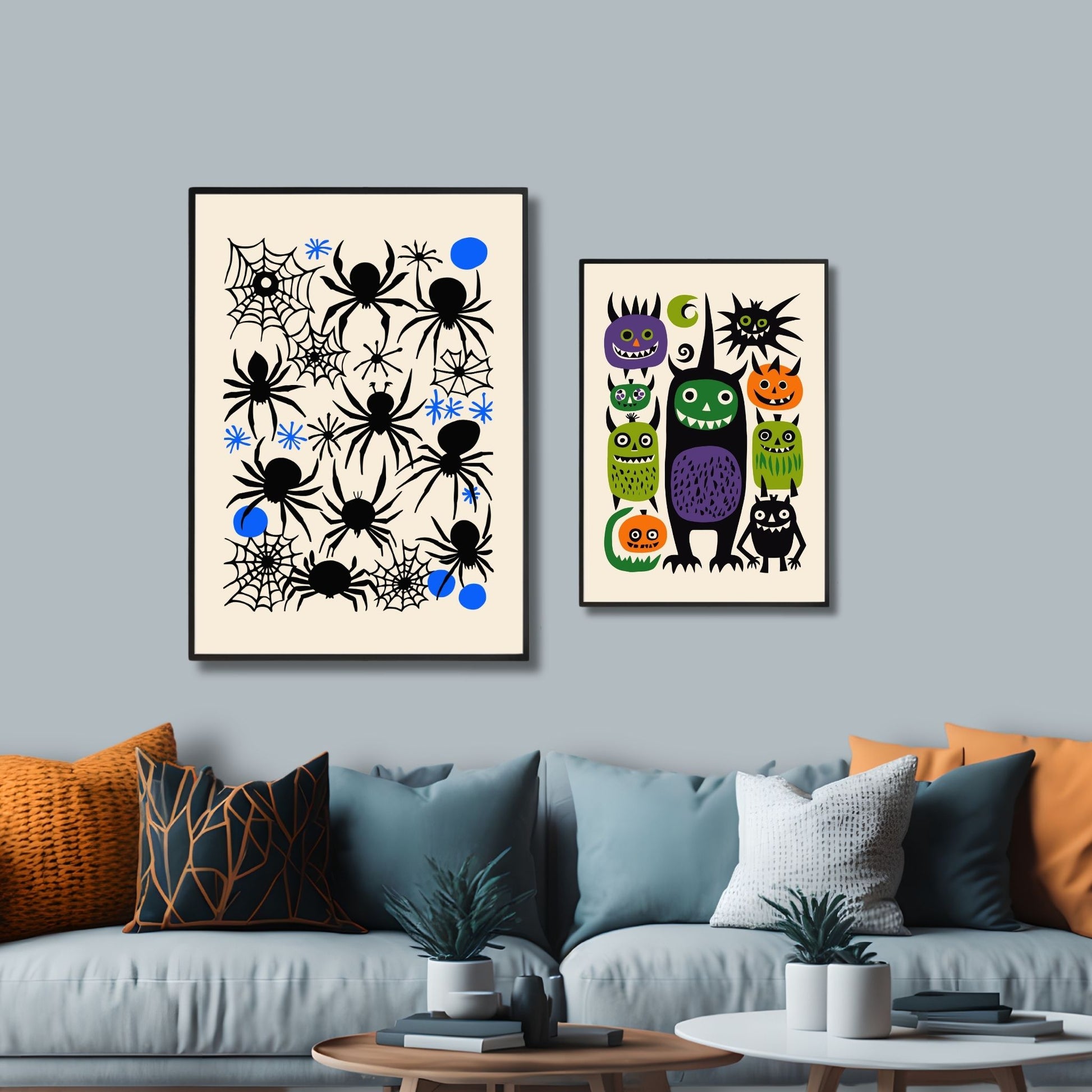 Halloween Edderkoppplakat! Dette stilige og skumle designet inneholder en rekke svarte edderkopper og detaljerte edderkoppnett som setter den perfekte stemningen for enhver Halloween-fest. Illustrasjonsfoto viser plakat i sort ramme.