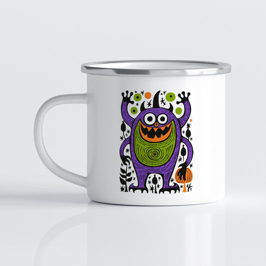 Kruset viser en livlig monsterillustrasjon på den ene siden, og en gruppe sjarmerende monstre på den andre. Illustrasjonsfoto.