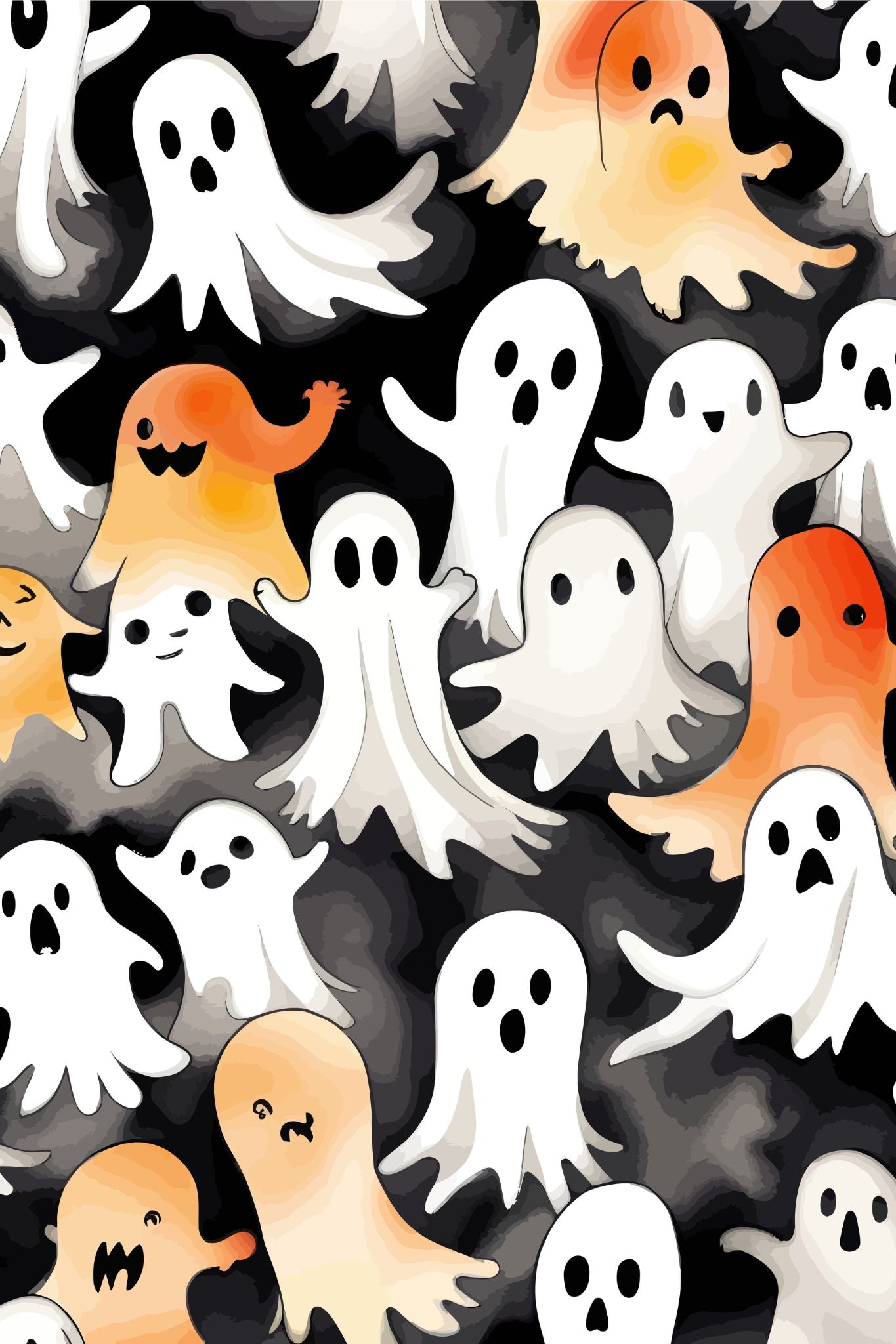 Creepy og kult halloweenkort. Motiv er i cartoon og forestiller små spøkelser