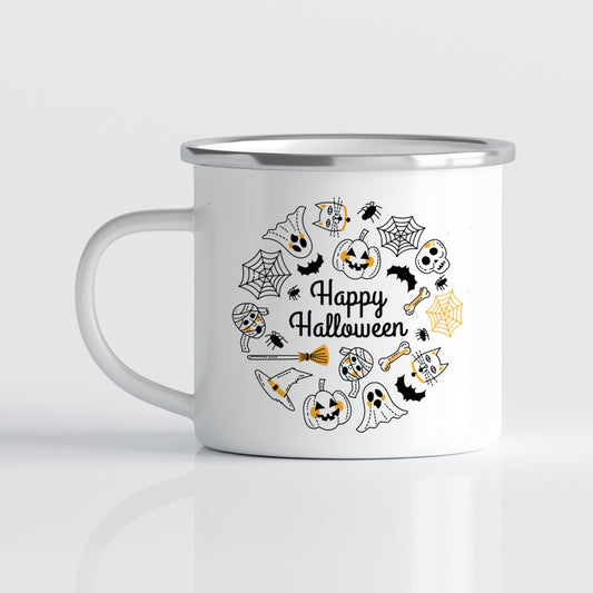 På dette emaljekruset møtes smilende gresskar, små spøkelser, flaggermus og edderkopper i en livlig design som oser av feststemning. 