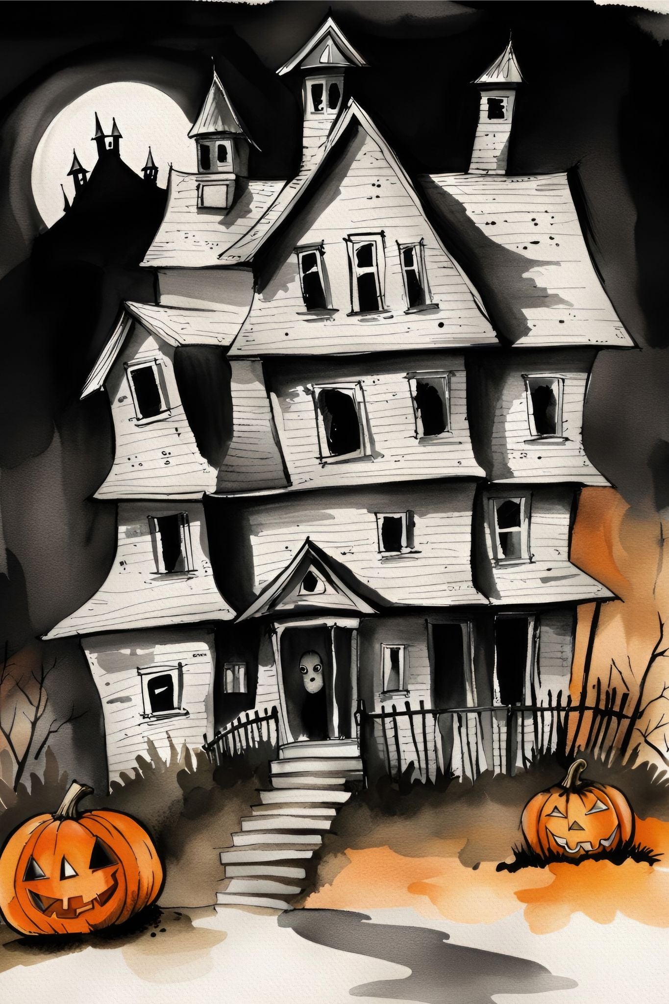 Creepy og kult halloweenkort. Motiv er i cartoon og forestiller et skummelt spøkelseshus