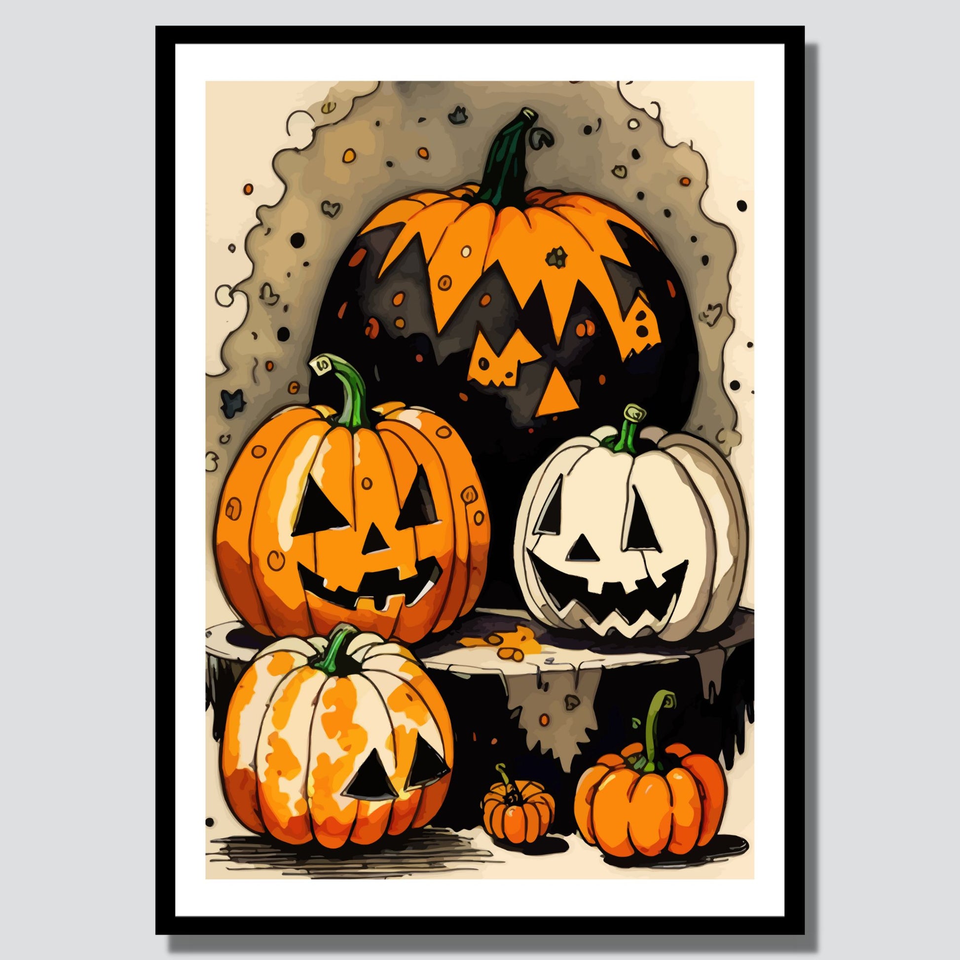 Få frem Halloween-ånden med Jack-O'-Lantern Party, en fargerik Halloween-plakat fylt med festlige gresskar i ulike former og uttrykk. Illustrasjon viser plakt i sort ramme.