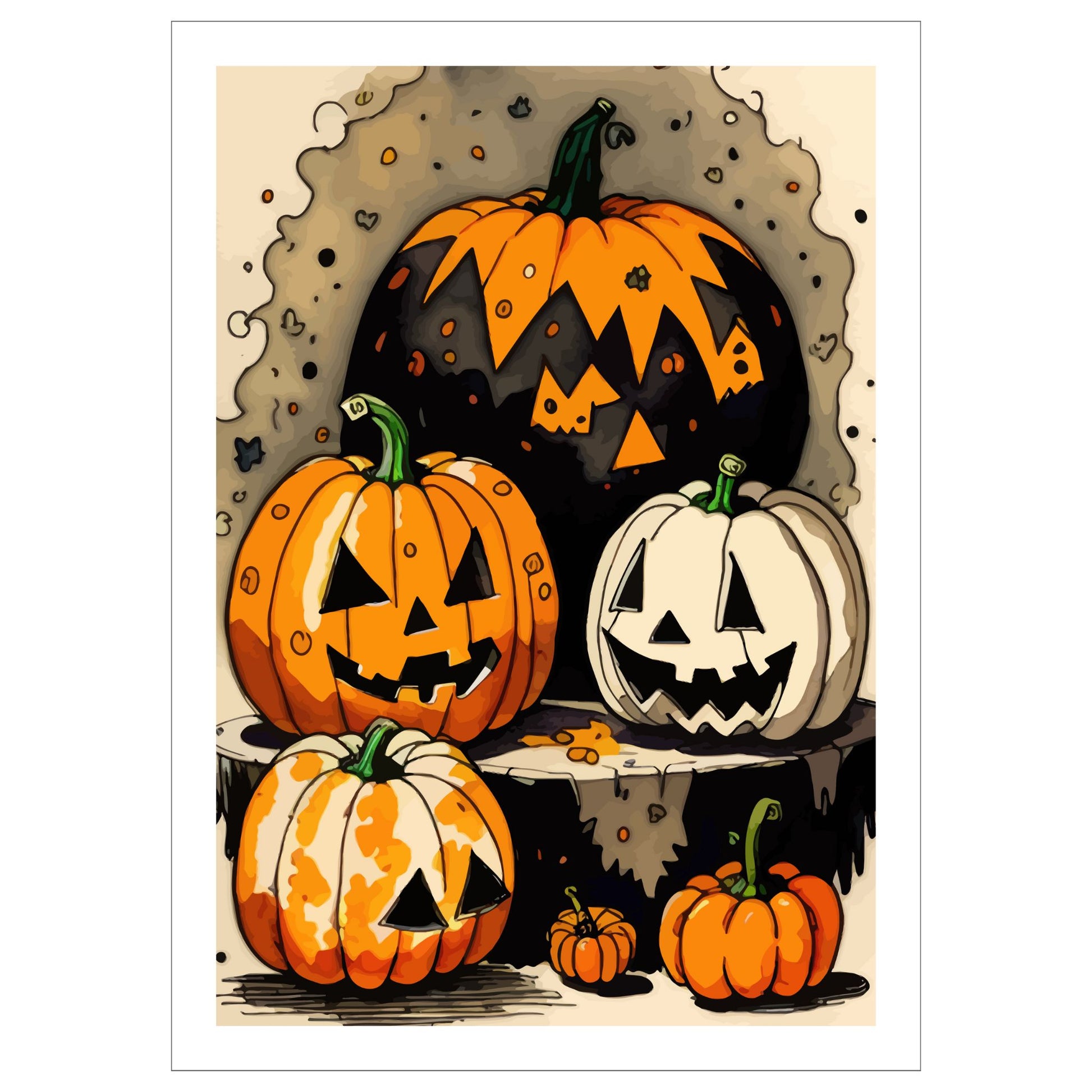 Få frem Halloween-ånden med Jack-O'-Lantern Party, en fargerik Halloween-plakat fylt med festlige gresskar i ulike former og uttrykk.