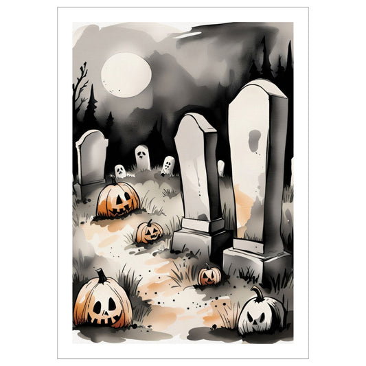 Creepy og kul halloweenplakat. Motivet som er i cartoon forestiller en kirkegård