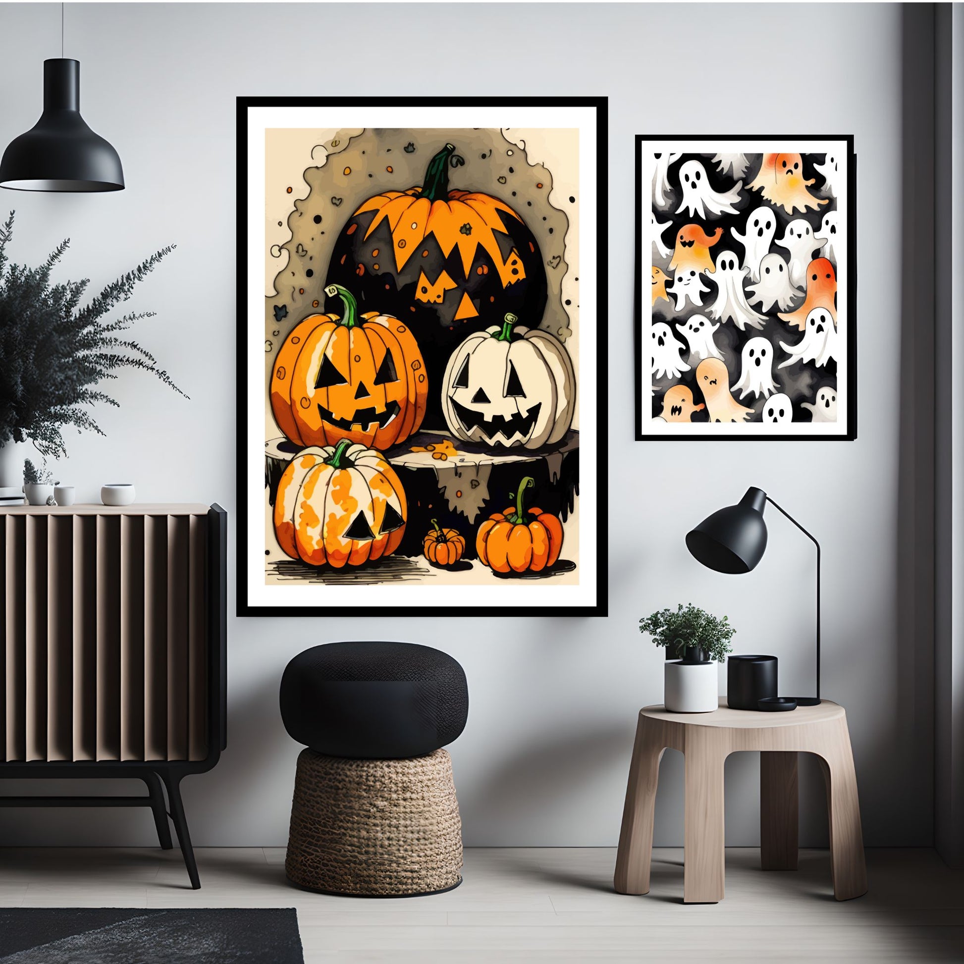 Få frem Halloween-ånden med Jack-O'-Lantern Party, en fargerik Halloween-plakat fylt med festlige gresskar i ulike former og uttrykk. Illustrasjon viser plakt i sort ramme.