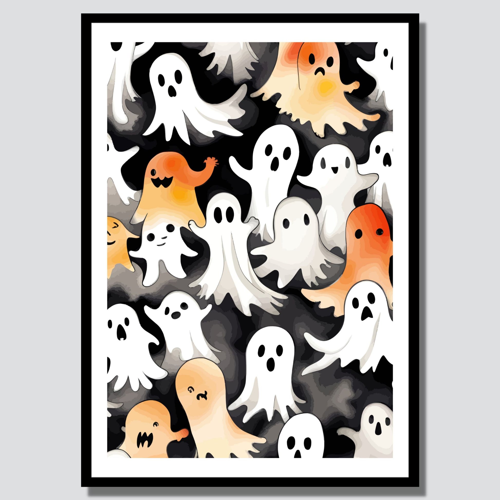 Gi hjemmet ditt et leken og festlig preg denne Halloween med Friendly Ghost Parade, en Halloween-plakat fylt med sjarmerende spøkelser i en rekke uttrykk og farger. Illustrasjonsfoto viser plakat i sort ramme.