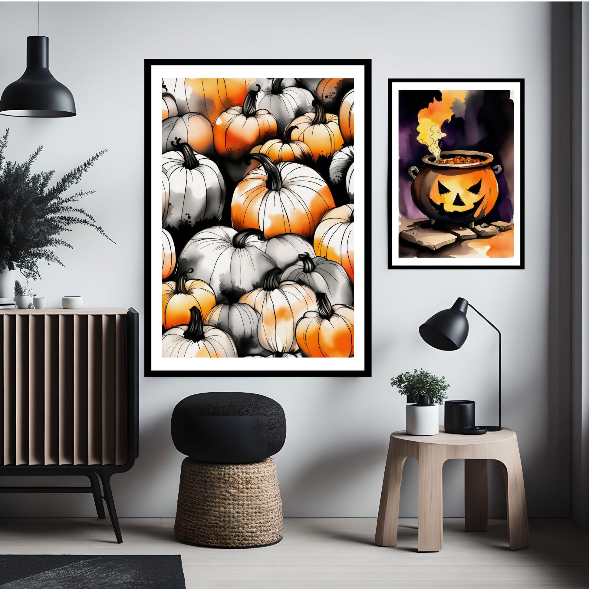 Creepy og kule halloweenplakater av gresskar og en gryte