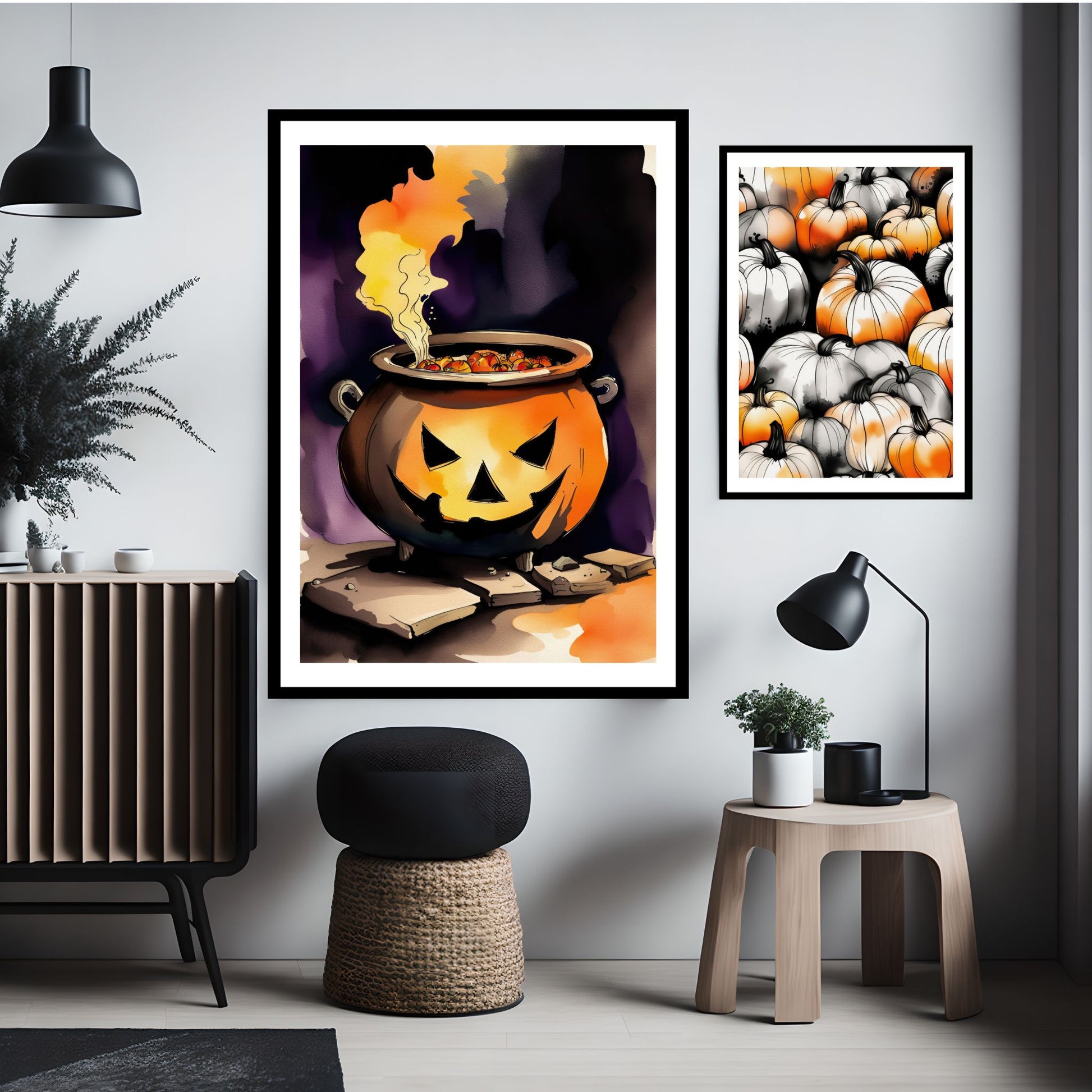 Gjør din Halloween-dekorasjon ekstra magisk med Jack-O'-Lantern Cauldron, en Halloween-plakat som viser en glødende gryte formet som et Jack-O'-Lantern, fylt med mystiske ingredienser. Illustrasjonsfoto viser plakat i sort ramme.