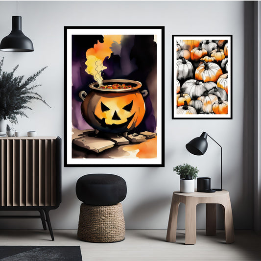Gjør din Halloween-dekorasjon ekstra magisk med Jack-O'-Lantern Cauldron, en Halloween-plakat som viser en glødende gryte formet som et Jack-O'-Lantern, fylt med mystiske ingredienser. Illustrasjonsfoto viser plakat i sort ramme.