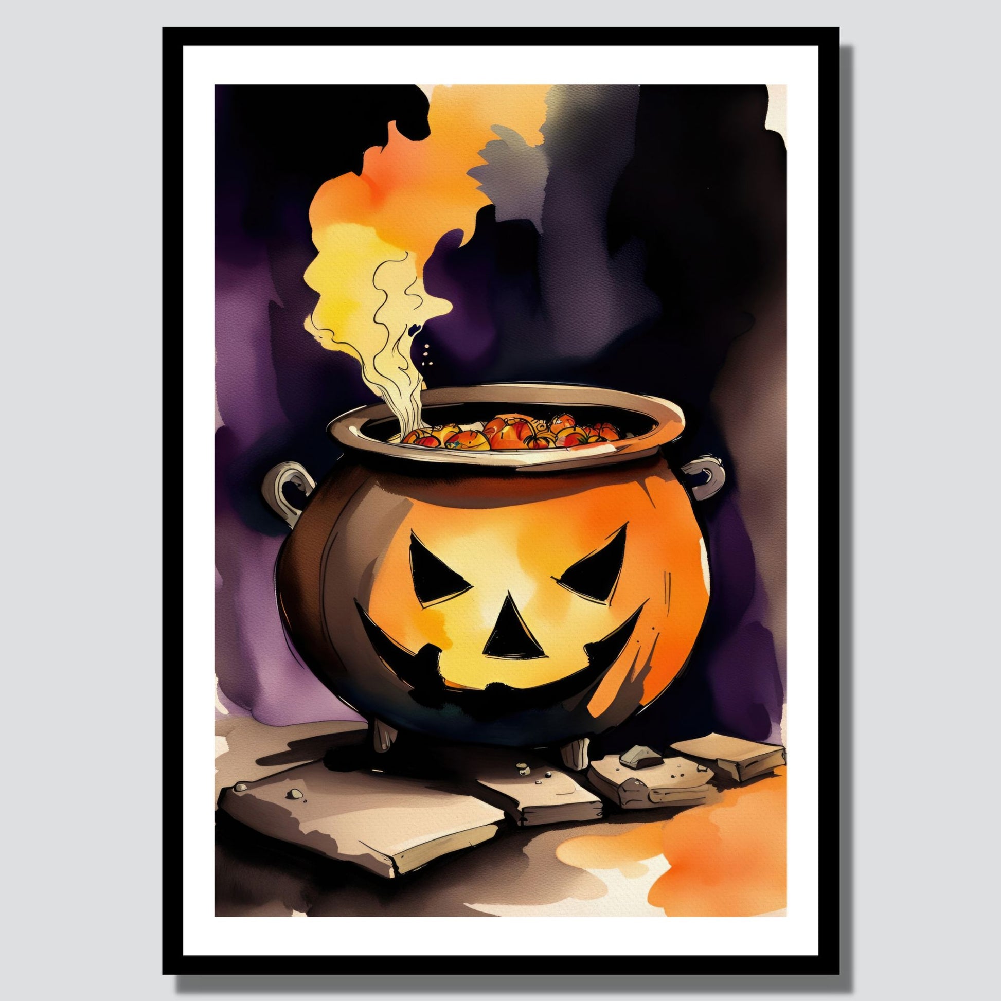 Gjør din Halloween-dekorasjon ekstra magisk med Jack-O'-Lantern Cauldron, en Halloween-plakat som viser en glødende gryte formet som et Jack-O'-Lantern, fylt med mystiske ingredienser. Illustrasjonsfoto viser plakat i sort ramme.