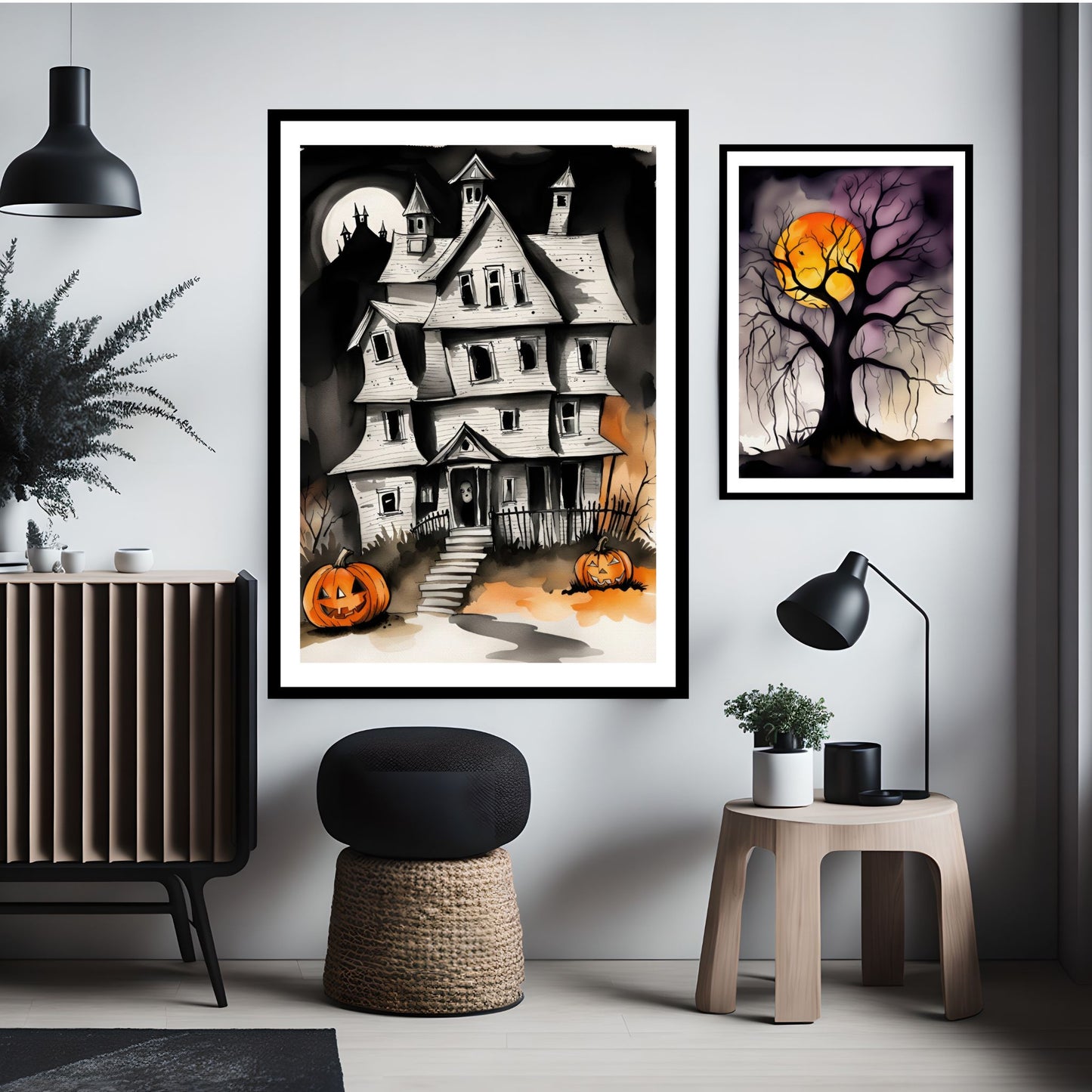 Creepy og kule halloweenplakater av et spøkelseshus og et tre