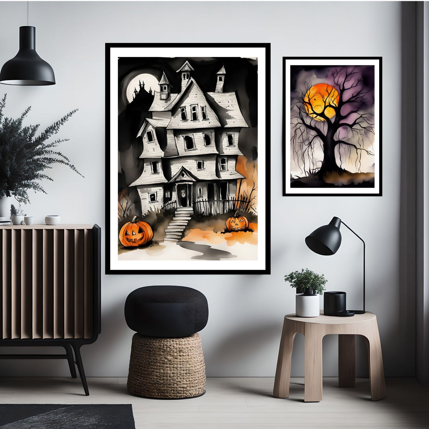 Legg til en dose grøss og spenning i din Halloween-dekorasjon med Haunted Mansion, en Halloween-plakat som fremhever et skremmende, gammelt herskapshus omgitt av Jack-O'-Lanterns og en mystisk måneskinnsnatt. illustrasjonsfoto viser plakat i sort ramme.