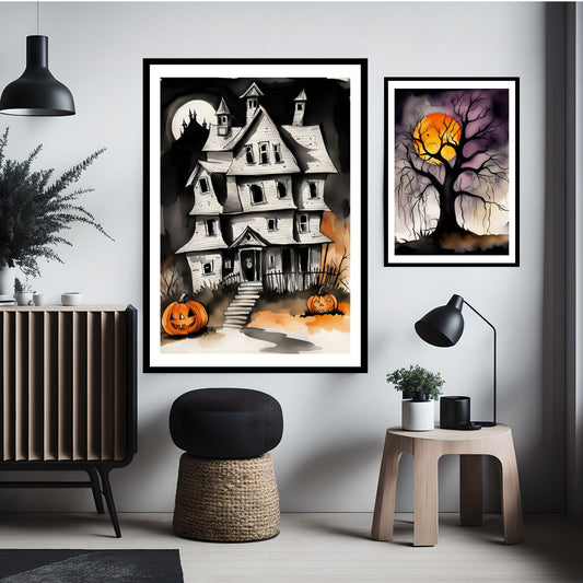 Legg til en dose grøss og spenning i din Halloween-dekorasjon med Haunted Mansion, en Halloween-plakat som fremhever et skremmende, gammelt herskapshus omgitt av Jack-O'-Lanterns og en mystisk måneskinnsnatt. illustrasjonsfoto viser plakat i sort ramme.