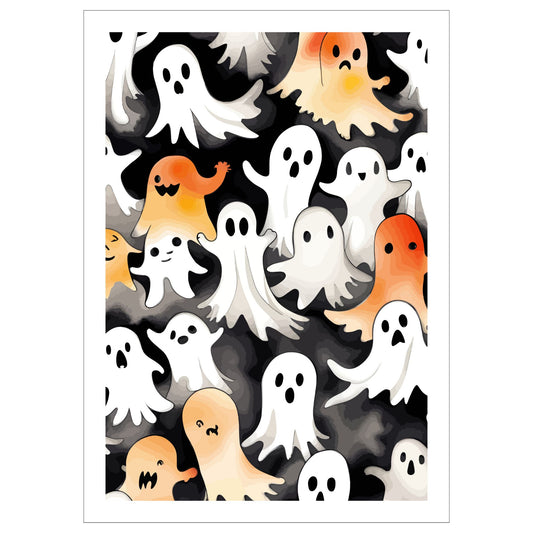 Gi hjemmet ditt et leken og festlig preg denne Halloween med Friendly Ghost Parade, en Halloween-plakat fylt med sjarmerende spøkelser i en rekke uttrykk og farger