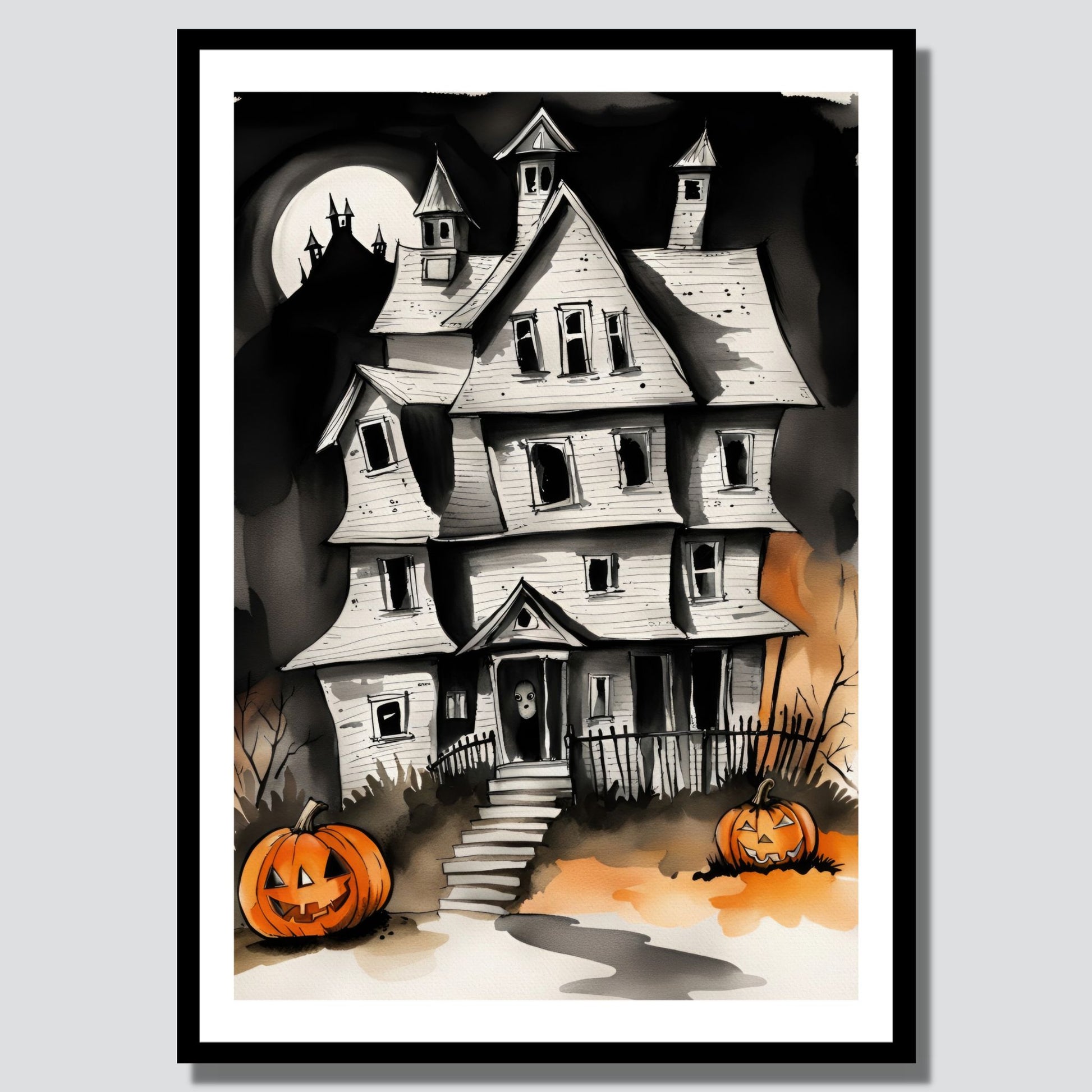 Legg til en dose grøss og spenning i din Halloween-dekorasjon med Haunted Mansion, en Halloween-plakat som fremhever et skremmende, gammelt herskapshus omgitt av Jack-O'-Lanterns og en mystisk måneskinnsnatt. illustrasjonsfoto viser plakat i sort ramme.