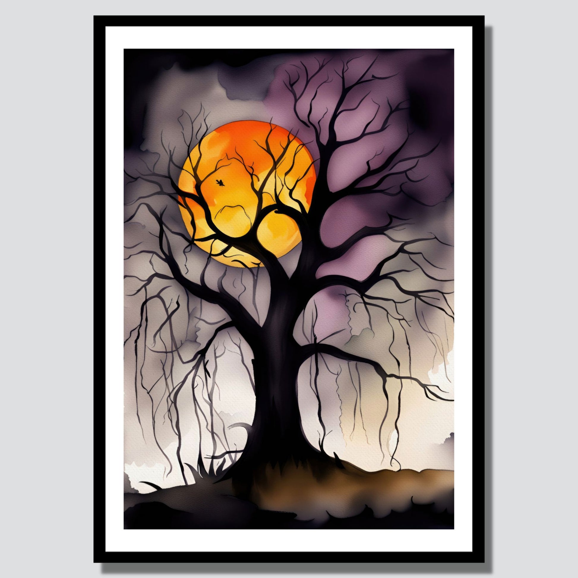 Skap en mystisk og fengslende atmosfære denne Halloween med Moonlit Tree, en dramatisk Halloween-plakat som viser et mørkt, forvridd tre under en lysende, oransje fullmåne. illustrasjonsfoto viser plakat i sort ramme.