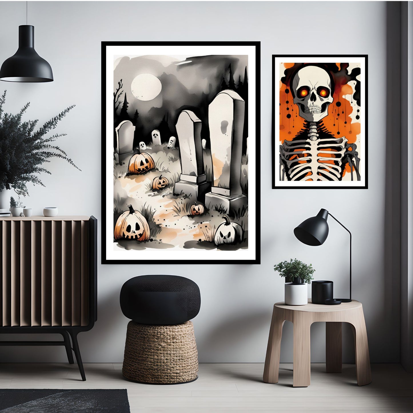 Skap en skremmende og atmosfærisk dekor med Graveyard Shadows, en Halloween-plakat som fanger essensen av mørket og mystikken fra et hjemsøkt gravsted. Illustrasjonsfoto viser motivet i en sort ramme.