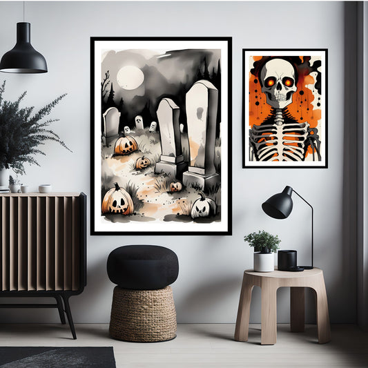 Skap en skremmende og atmosfærisk dekor med Graveyard Shadows, en Halloween-plakat som fanger essensen av mørket og mystikken fra et hjemsøkt gravsted. Illustrasjonsfoto viser motivet i en sort ramme.