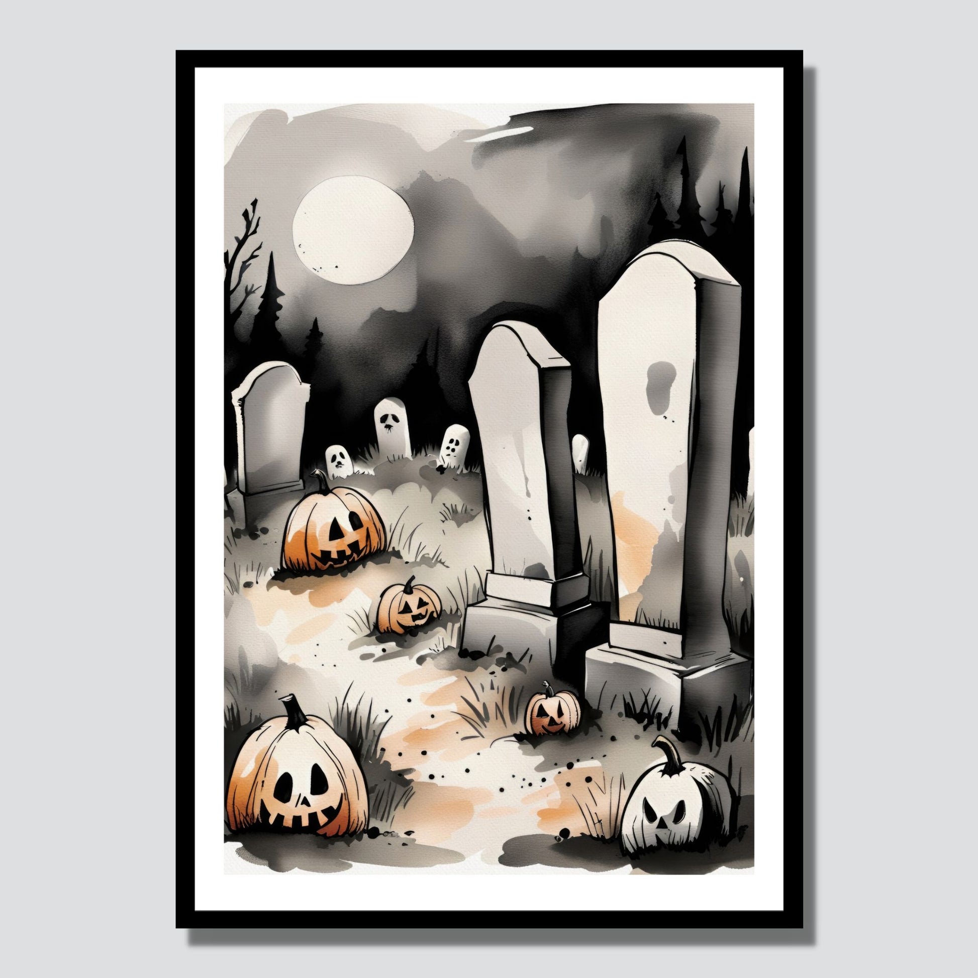 Skap en skremmende og atmosfærisk dekor med Graveyard Shadows, en Halloween-plakat som fanger essensen av mørket og mystikken fra et hjemsøkt gravsted. Illustrasjonsfoto viser motivet i en sort ramme.