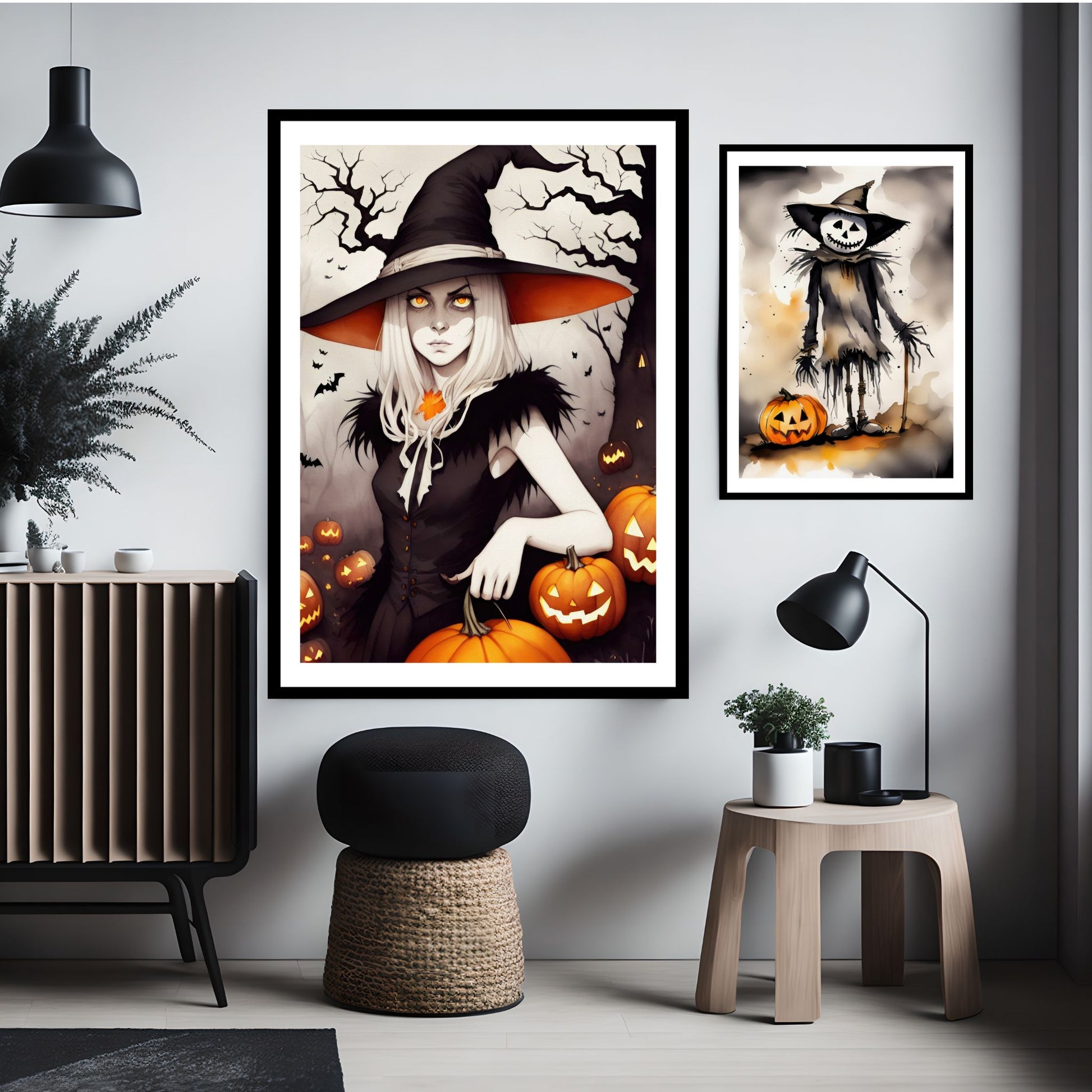 Creepy og kule halloweenplakater av en heks og fugleskremsel