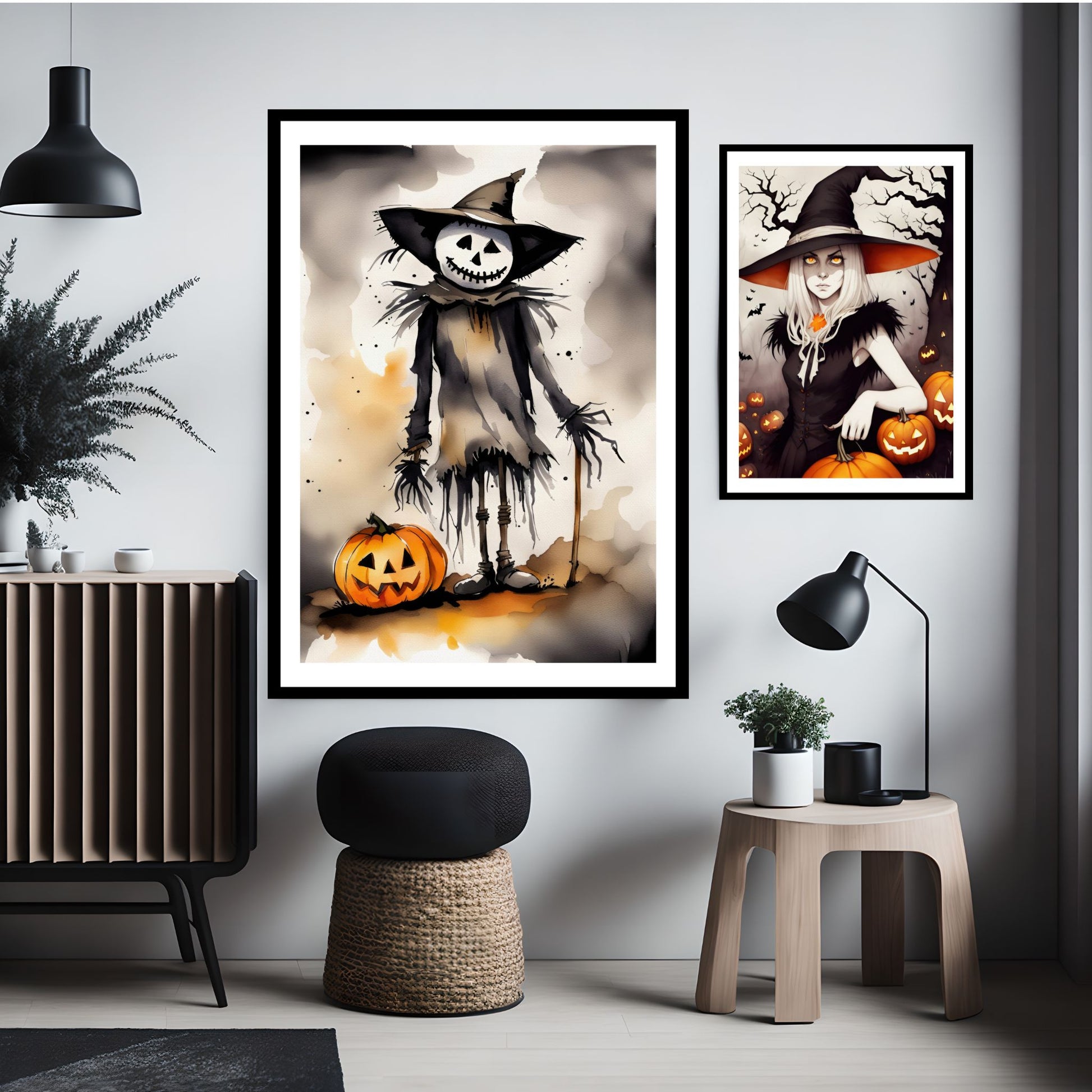 Creepy og kule halloweenplakater. Motivene som er i cartoon forestiller fugleskremsel og heks