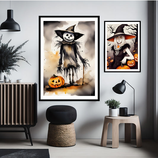 Denne plakaten viser et skummelt fugleskremsel med et bredt, skjelettaktig smil, akkompagnert av et tradisjonelt Jack-O'-Lantern gresskar. Illustrasjonsfoto viser plakat i sort ramme.