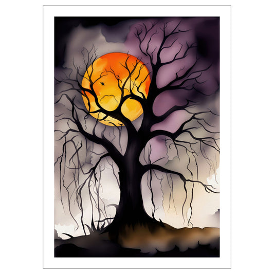 Skap en mystisk og fengslende atmosfære denne Halloween med Moonlit Tree, en dramatisk Halloween-plakat som viser et mørkt, forvridd tre under en lysende, oransje fullmåne