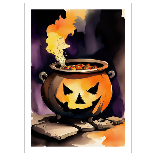 Gjør din Halloween-dekorasjon ekstra magisk med Jack-O'-Lantern Cauldron, en Halloween-plakat som viser en glødende gryte formet som et Jack-O'-Lantern, fylt med mystiske ingredienser.