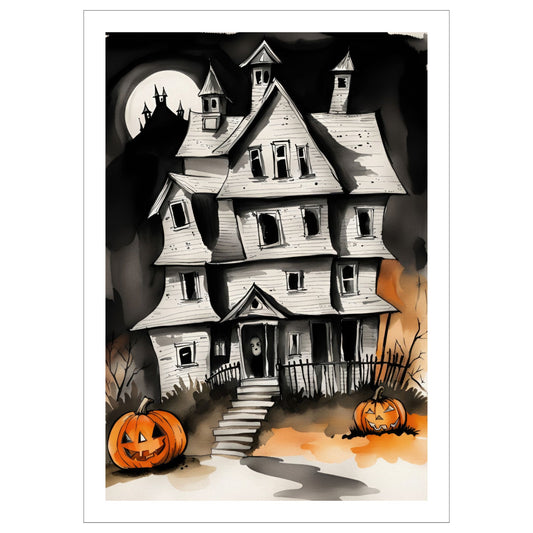 Legg til en dose grøss og spenning i din Halloween-dekorasjon med Haunted Mansion, en Halloween-plakat som fremhever et skremmende, gammelt herskapshus omgitt av Jack-O'-Lanterns og en mystisk måneskinnsnatt